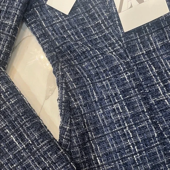 Zara Dark Blue Tweed Off-Shoulder Blouse - Picture 4 of 5